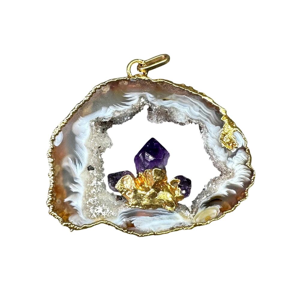 Vintage Geode Slice Pendant with Inlaid Mounted Amethyst Crystal & Gold Trim